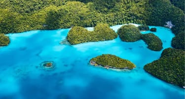 Aerial view of lush green tropical islands in the turquoise blue waters of Palau's Rock Islands.