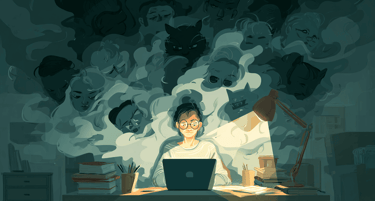 a woman sitting at a desk with a laptop computer