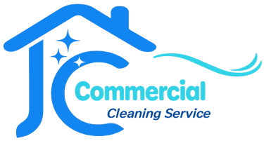 JC Commercial Cleaning Service logo featuring a blue house icon with sparkling stars.