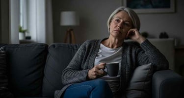 Fotografia realista de uma pessoa sentada no sofá, segurando uma xícara de café, com uma expressão de exaustão.