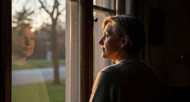 Pessoa madura olhando pela janela, expressão pensativa, clima calmo, luz do fim de tarde.