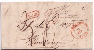 1843, lettre en port dû de CHIMAY (Belgique) à MAUBEUGE taxée initialement à 3 puis à 4 décimes.