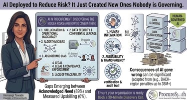 Infographic showing AI risks in procurement and governance strategies with expert Hemangi Tawade.