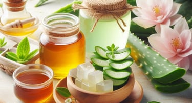 variety of natural ingredients, with honey, mint, aloe vera and pink flowers