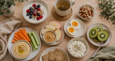 A healthy snack spread with yogurt, fresh fruit, boiled eggs, hummus, and nuts on a wooden table.