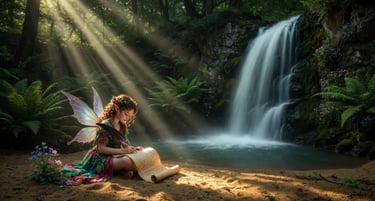 A magical forest fairy writing on a scroll by a misty waterfall with sunbeams through the trees.