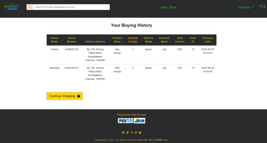 Agro Connect Farmers Ecommerce Portal - Buyers Buying History