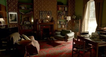 Warm patterned living room with bookshelves, soft seating and natural light, creating a cozy home at
