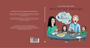 Illustrated book cover for Ellens mor har skæve øjne showing a family eating noodles at a table.