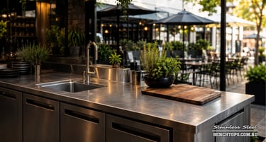 Outdoor restaurant bar setup with a stainless steel bench Norwood.