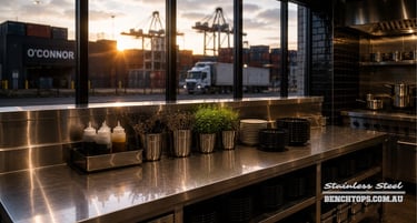 Commercial kitchen workstation and stainless steel bench O'Connor overlooking a shipping yard.