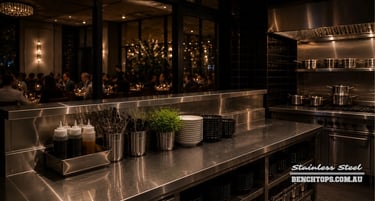 Heavy-duty kitchen pass station featuring a premium stainless steel bench Subiaco.