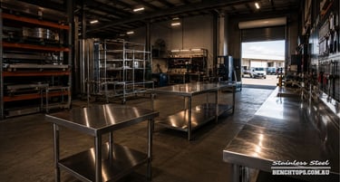 Commercial kitchen tables and stainless steel bench Edwardstown inside a factory.