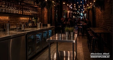 Professional restaurant prep area with a heavy-duty stainless steel bench Adelaide CBD.