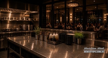 Professional service counter and stainless steel bench Subiaco overlooking an upscale dining room.