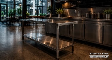 Custom stainless steel bench Alexandria standing in a spacious restaurant prep zone.