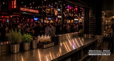 Commercial service station and stainless steel bench Northbridge overlooking a busy nightlife street.