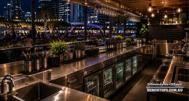 Commercial under-bench fridge line and durable stainless steel bench Broadbeach.
