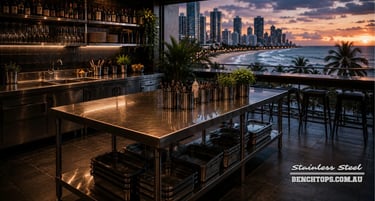 Heavy-duty restaurant food prep station featuring a stainless steel bench Surfers Paradise.