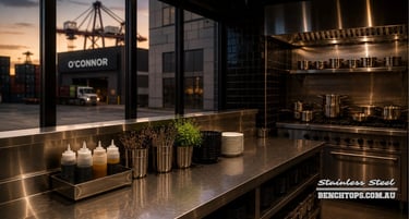 Commercial kitchen prep space and durable stainless steel bench O'Connor.