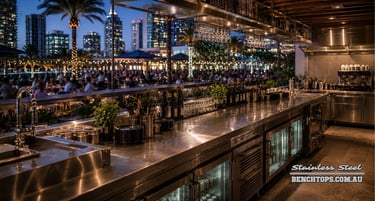 Premium commercial bar counter and stainless steel bench Broadbeach at night.