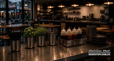 Restaurant serving counter showcasing a premium stainless steel benchtop Dickson.