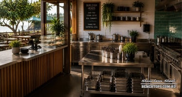 Freestanding commercial workspace island and durable stainless steel bench Burleigh Heads.
