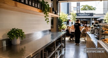 Commercial kitchen prep bench and durable stainless steel bench Leederville inside a café.