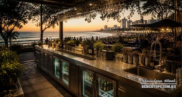 Premium commercial bar counter and stainless steel bench Coolangatta overlooking the ocean.