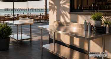 Commercial kitchen work tables and a stainless steel bench Glenelg near the beach.