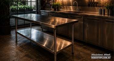 Stainless steel bench Marrickville standing in a modern restaurant prep area.