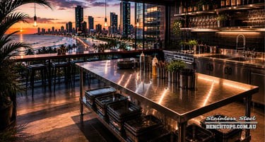 Freestanding workspace table and stainless steel bench Surfers Paradise at sunset.