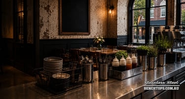 Commercial cafe counter layout showcasing a stainless steel benchtop Kingston.