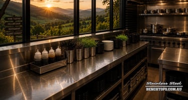 Open-air restaurant workspace featuring a stainless steel benchtop Mount Tamborine at sunset.