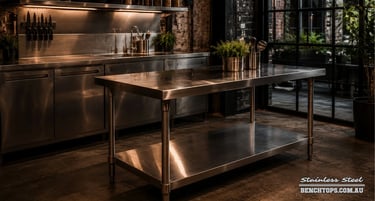 Freestanding workspace island and stainless steel bench Marrickville with undershelf.