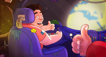 Cartoon astronaut giving a thumbs up in a spaceship cockpit with Earth visible through the window.