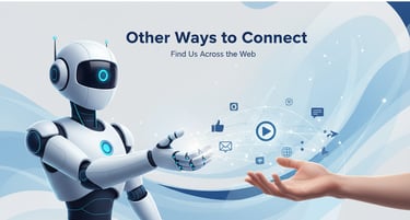 a robot with a hand stretched out to human hand and swirling social media symbols