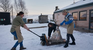 three women pulling a paper kiln across snowy ground on a red pallet trolley