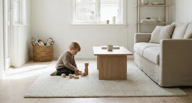 Minimalist living room with a child playing with wooden blocks