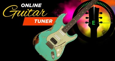 Online guitar tuner graphic featuring a relic green electric guitar and a digital tuning interface.