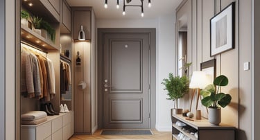 ingresso appartamento con guardaroba, scarpiera, luci diversificate e piante ornamentali