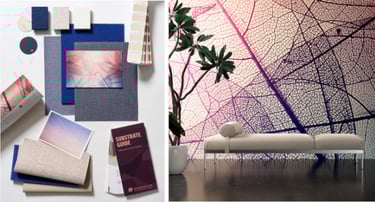 Custom wall covering mood board featuring purple leaf skeleton mural and fabric swatches for interior design.