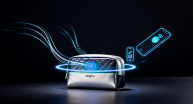 A King Fly cosmetic pouch with a glowing NFC halo, with data streams connecting to a phone icon.