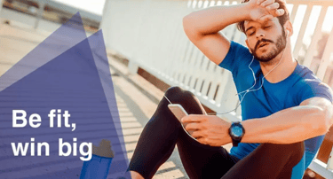 man sitting down mid jog, text 'be fit, win big'