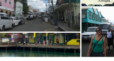 autora explorando o centro histórico de St. John’s em Antígua
