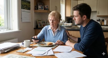 Elderly woman struggling with memory and daily tasks as a caregiver supports her at the kitchen table.