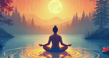 Person meditating by a lake at sunrise, representing mindfulness and serenity.
