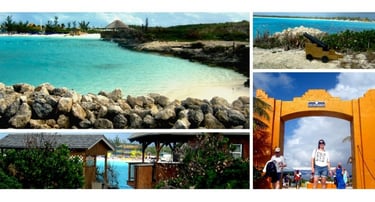 Chegada em Half Moon Cay com tenders, El Salvador, canhão e mar azul.