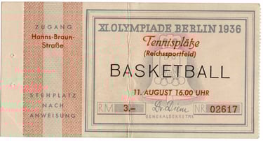 1936 Olympics Basketball Ticket Stub, Xi. Olypiade Berlin August 11th, 1936 At The Tennisplatze