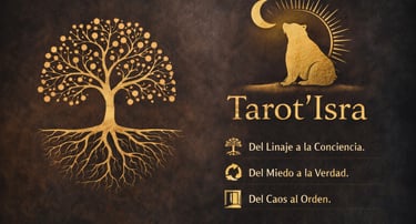 Tarot Isra logo featuring a golden tree of life, bear under a crescent moon, and spiritual Spanish text.